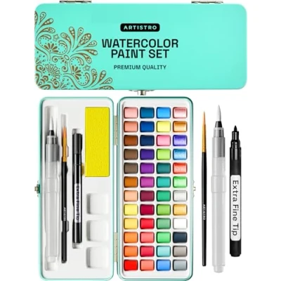 Image of ARTISTRO Watercolour Paint Set, 48 Vivid Colors in Portable Box, Including Palette Metallic and Fluorescent Perfect Travel Watercolor Set for Artists, Amateur Hobbyists Painting Lovers
