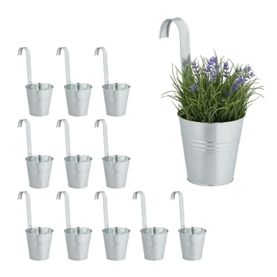 Image of Relaxdays Hanging Pots, Set of 12, Metal Balcony Planters, HWD: 30 x 13 20 cm, Galvanised Garden Flowerpots, Silver, Iron