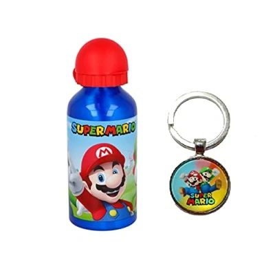 Image of Super Mario Characters Aluminium Sports Bottle 400ml Holiday, Back to School Water Drinking Kids Lunch Children Includes Keychain
