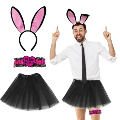 Image of FUIPVGI 3 Pcs JGA Outfit Men&#039;s Set, Hen Party Costume Tutu Men, Bunny Ears Headband, Groom Garter for Stag Night Party, Wedding Spoof, Accessories (Black)