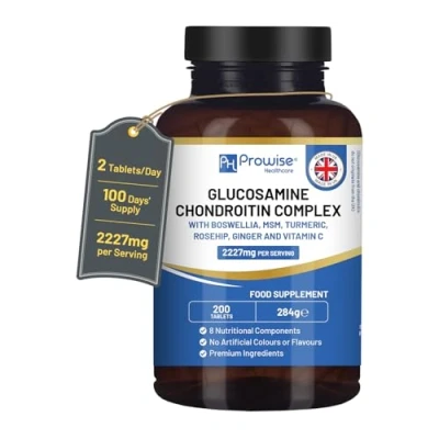 Image of Glucosamine and Chondroitin Complex 2227mg per Serving 200 High Strength Tablets 8 Nutritional Components MSM, Boswellia, Vitamin C, Turmeric, Ginger, Rosehip Made in UK by Prowise