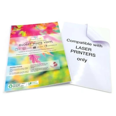 Image of Evergreen Goods 20 Sheets of Laser Printable Glossy White Vinyl Sticker Paper PVC Material Waterproof Self Adhesive Labels Perfect for Crafting Signs, Labels, and Stickers