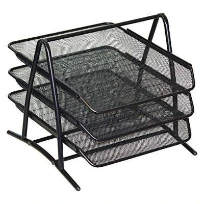 Image of 3 Tier A4 Mesh in Tray Desk Organiser for Home &amp; Office Black File Holder Document Storage Letter Paper