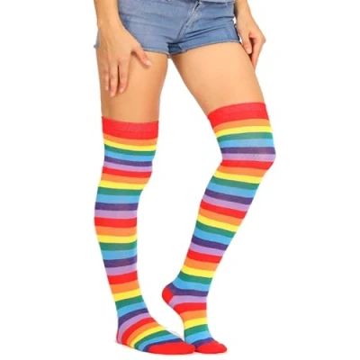 Image of YUEMING Long tube Socks Rainbow Colorful striped High Women Knee (1#)