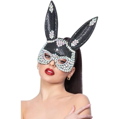 Image of Smiffys Fever Black Jewel Sequin Rabbit Mask, Accessories Fancy Dress, Rabbit/Bunny Dress Up Masks