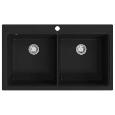 Image of vidaXL Overmount Kitchen Sink Double Basin Black Granite, Extra Deep, Scratch Resistant, Heat Durable, Easy to Clean