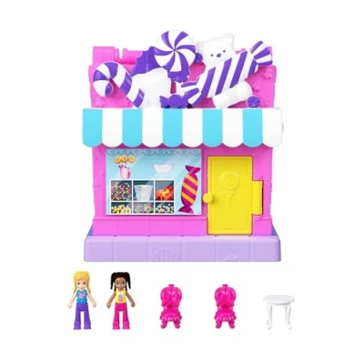 Image of Polly Pocket Pollyville Sweet Store Dolls and Playset, Mini Toys with 2 Micro 3 Accessories, HNB03