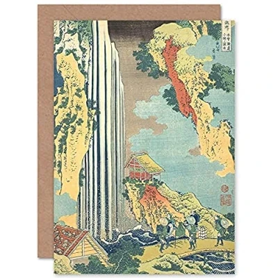 Image of Artery8 Hokusai Japanese Ono Waterfall Kisokaido Sealed Greeting Card Plus Envelope Blank inside