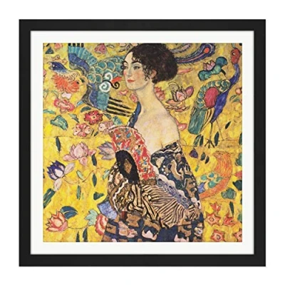 Image of Artery8 Klimt Lady With Fan Painting Square Wooden Framed Wall Art Print Picture 16X16 Inch