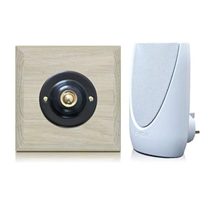 Image of Byron 100m Wireless Period Plug in Doorbell kit Push on Plinth (Natural Oak 42 Black/Brass)