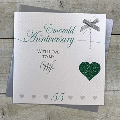 Image of Wife 55th Emerald Wedding Anniversary Handmade Card Love Lines by WHITE COTTON CARDS LLA55W,greensilver,16cm x 16cm