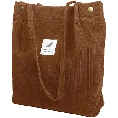 Image of FINDING CASE Large Cord Bag for Women Corduroy Tote Reusable Carry Shoulder Handbags Totebag School Shopping Work College Casual Travel (Brown)