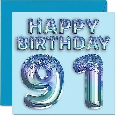 Image of 91st Birthday Card for Men Blue Glitter Party Balloon Happy Cards 91 Year Old Man Great Grandpa Grandad Dad Gran, 145mm x Ninety One First Bday Greeting Gift