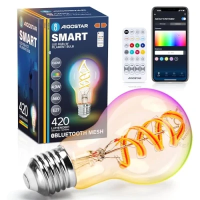 Image of Aigostar Mesh Bluetooth Smart Bulb LED 4.9W 420LM, Warm White 2700K &amp; Dimmable RGB Colours, Compatible with Alexa Direct Connection, E27 A60