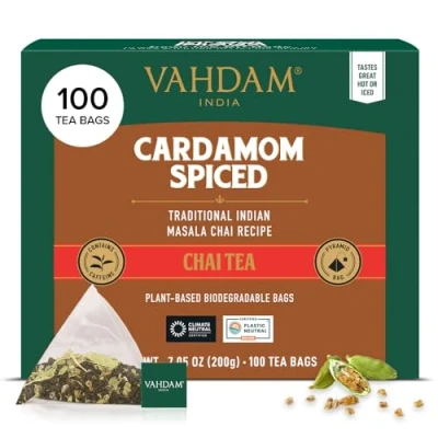 Image of VAHDAM, Cardamom Masala Chai Tea Bags (100 Count) Non GMO, Gluten Free, No Artificial Flavor Blended w/Exotic Spices Resealable Ziplock Pouch