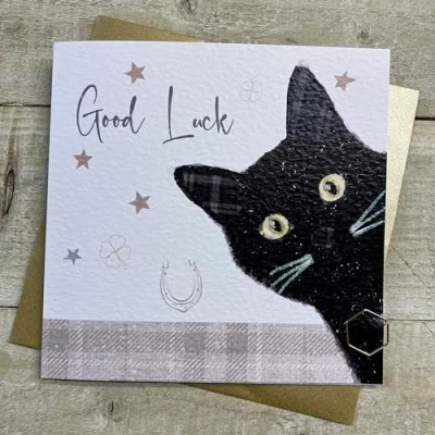 Image of WHITE COTTON CARDS BLACK CAT GOOD LUCK CARD CARD, HAND FINISHED (S357)