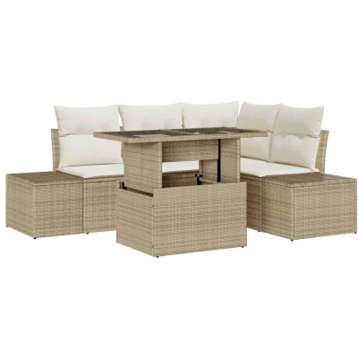 Image of vidaXL 5 Piece Garden Sofa Set with Cushions Beige Poly Rattan