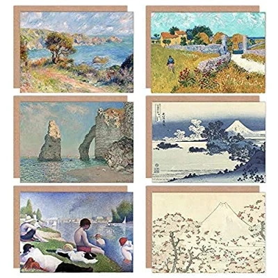 Image of Artery8 Hokusai Van Gogh Seurat Monet Renoir Landscape Flower Mixed Fine Art Greeting Card Pack of 6
