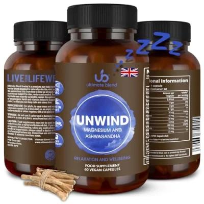 Image of Ultimate Blend Relax Unwind with Magnesium &amp; Ashwagandha, Natural Stress Relief Supplement Calm and from Tension, Sleeplessness 60 Vegan Capsules