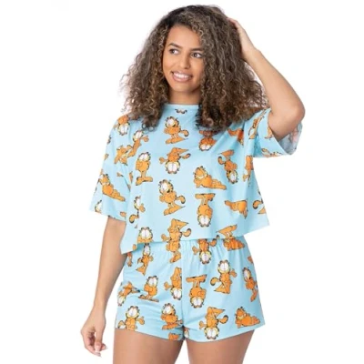 Image of Garfield Womens Pyjama Set Ladies Cropped Short Sleeved T Shirt with Shorts Bottoms Pjs Pastel Blue Orange Cartoon Cat All Over Print Movie Nightwear Merchandise for Adults