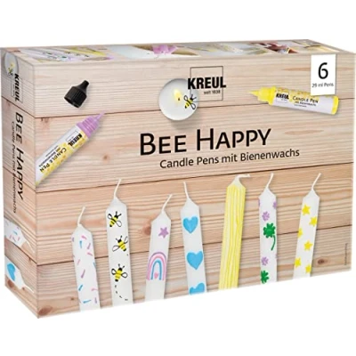 Image of Kreul 49757 Candle Pen Set of 6 Bee Happy, x 29 ml, Fine Painting Tip, Colours with Beeswax for Decorating and Candles, Drying Time Approx. 8 Hours