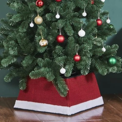 Image of Taylor &amp; Brown Christmas Tree Skirt Square Stand Base Xmas Natural Folding Collar Basket Cover Decoration Tidy Home Decor 48 x 25cm, Red with White Snow Trim