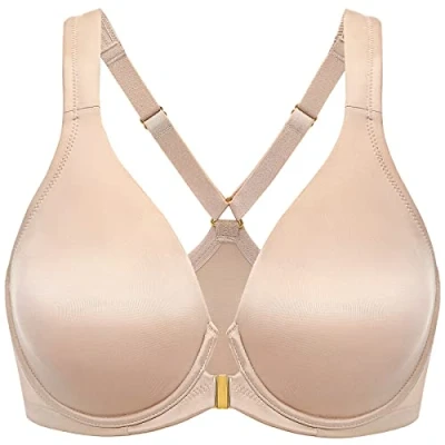 Image of Delimira Women&#039;s Front Fastening Bras Plunge Plus Size Underwired Racer Back Unlined T Shirt Bra Beige 38H