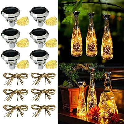 Image of ADLOASHLOU Solar Diamond Wine Bottle Lights 6 Pack 20LED Outdoor Waterproof Multicolor Fairy Light String, Suitable for Most Mouths, Garden, Terrace, Party Decoration warm
