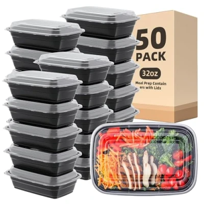 Image of 50 Pack 32 oz Meal Prep Container, Food Storage Containers with Lids, Bento Box Reusable Plastic Lunch Kitchen Take Out Microwave Dishwasher Freezer Safe