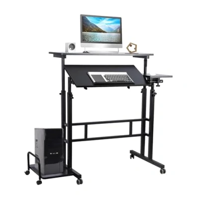 Image of HshDUti Standing Desk Adjustable Height, Mobile with Wheels, Small Computer Rolling Detachable Sideboard for Host, Portable Laptop Desk, Workstations Black
