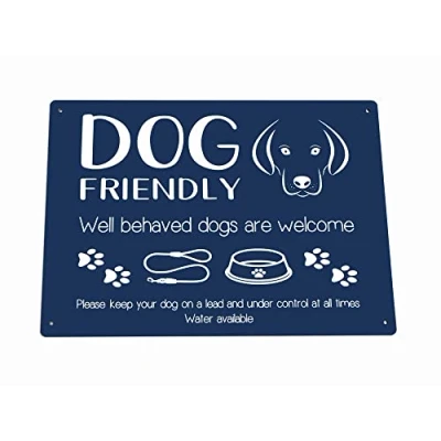 Image of Dog Friendly Printed Waterproof Sign Stylish and Bold, Ideal for Cafes, Shops, Pubs, Hotels, Interior Exterior use, with Drill Holes. Shipped Globally. (Blue)