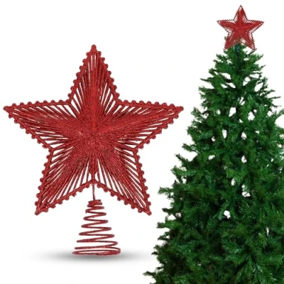 Image of Red Glitter Tree Topper 25cm (H) Glittered Christmas Star Decoration, Xmas for Top of Ornament Party Decorations