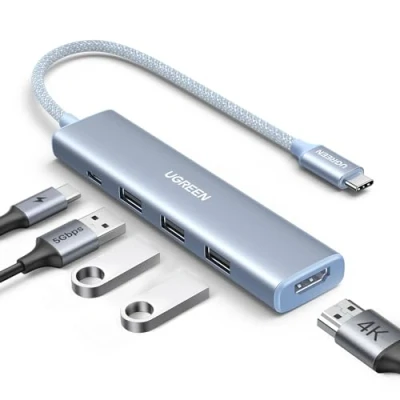 Image of UGREEN Revodok USB C Hub, 5 in 1 Multiport Adapter with 100W PD, 4K HDMI, 3x 5Gbps A Ports, Aluminum to HDMI for M2/M3 MacBook Air, iPhone 16 Series, iPad, Galaxy, XPS(Blue)