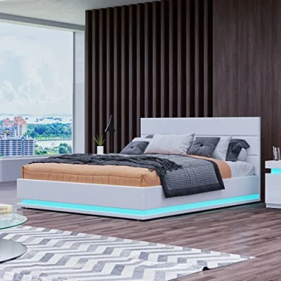 Image of Ottoman Storage Bed Upholstered 5ft King Gas Lift with LED Lights Faux Leather Frame Under Bedroom Furniture White