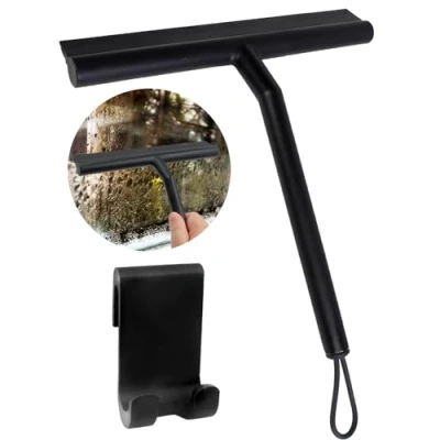 Image of Silicone Shower Squeegee,Silicone Squeegee with Hook &amp; Lanyard,Black Window Glass Scraper Cleaner,Window for Bathroom Mirror Wipe Car Door Window(Black)