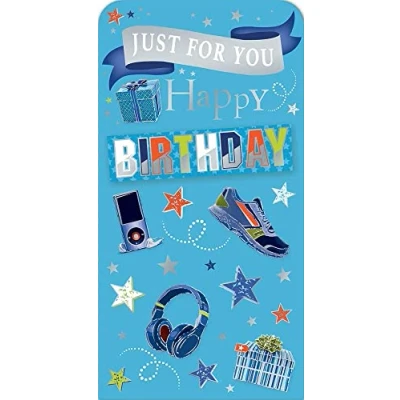 Image of Xpress Yourself Just for You Happy Birthday Money Wallet with Envelope Stars, Gifts Blue Theme Him Gift Card Voucher Cash Holder Cellophane Wrapped