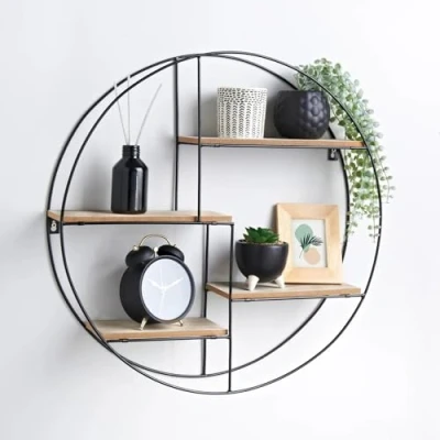 Image of Round Floating Shelving Unit Black Metal and Wood Storage Rack Decorative Wall Mounted 4 Tier Circular Shelves Hanging Display