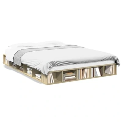Image of vidaXL Sonoma Oak Engineered Wood King Size Bed Frame with Plywood Slats &amp; Built In Storage, Bedroom Furniture, 150x200 cm