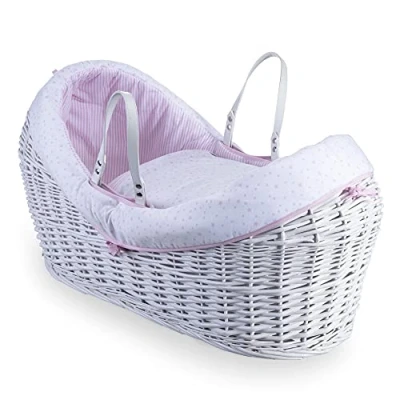 Image of Clair de Lune Stars &amp; Stripes Wrapover White Wicker Noah Pod Integrated Hood Includes Handles, Coverlet, Padded Liner and Hypoallergenic Mattress Suitable from Birth 76 x 29 45 cm (Pink)