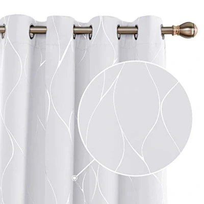 Image of Deconovo Thermal Insulated Room Darkening Curtains Wave Line Foil Printed Eyelet for Living Silver Grey W55 x L95 One Pair