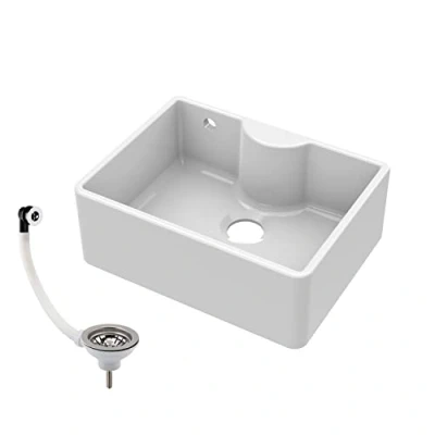 Image of 595mm Single Bowl Fireclay Butler Kitchen Sink Ledge, Overflow &amp; Waste