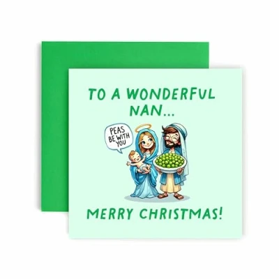 Image of Huxters Christmas Cards for Women Peas be with you Mary Jesus Nan Happy Card Funny (Nan)
