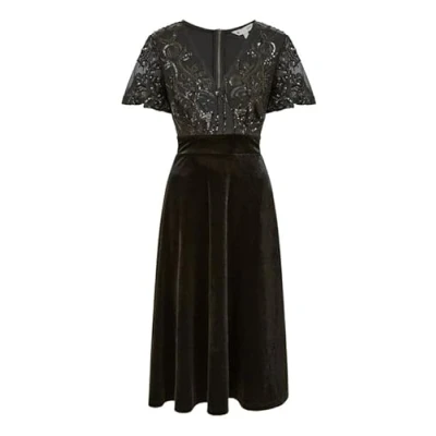 Image of Yumi Womens Black Embellished Velvet Wrap Skater Midi Dress Size 16 UK