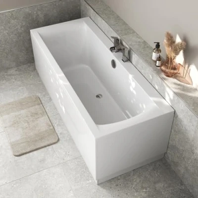 Image of Baystone 1700 x 700mm Double Ended Straight Bath White Gloss Soaking Bathttub, Acrylic Baths for Bathrooms, Square, Adjustable Feet, No Panel