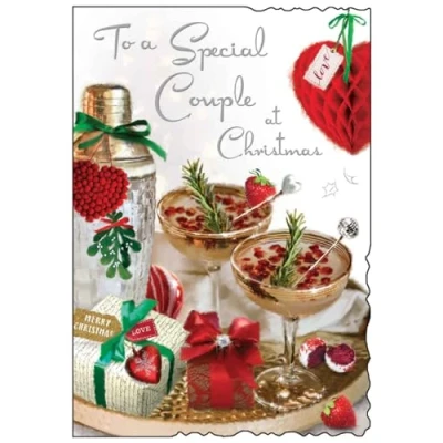 Image of Special Couple Christmas Card Festive Cocktails Artistic Design Finishes and Illustrated Insert Leaf Made in the UK