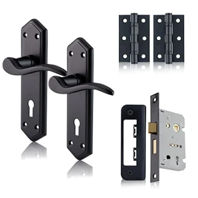 Image of XFORT Black Beauty Range Matt London Suite Lever Lock Pack, Complete Set with Door Handles, 65mm Sashlock and 75mm Ball Bearing Hinges, for Internal Wooden Doors
