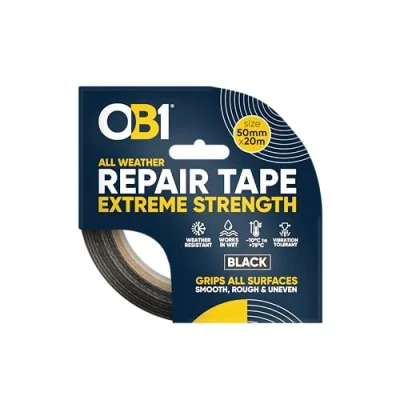 Image of OB1 Black All Weather Repair Tape Extreme Strength Ultra Strong Waterproof Duct Maximum Bond Heat, Water &amp; UV Resistant Indoor Outdoor Use 50mm x 20m Roll
