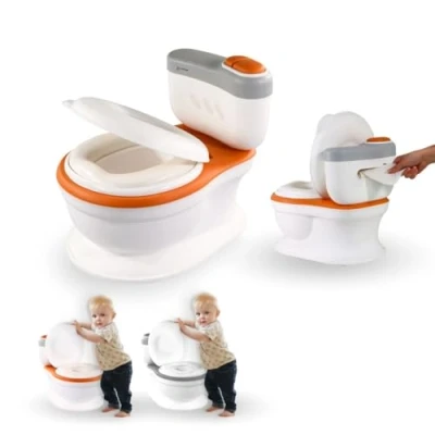 Image of Mobiclinic® Kids, Baby Potty, Toikid, Age 1 3 years, With lid, Flushing sound, Toilet paper compartment, Battery operated, Removable bucket, Waterproof seat, Orange