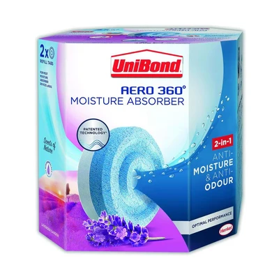 Image of UniBond AERO 360 Moisture Absorber Lavender Garden Refill Tab, aromatherapy, ultra absorbent and odour neutralising, for Dehumidifier, Condensation Absorbers, Twin Pack (2 x 450g)