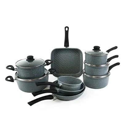 Image of URBN Chef 9pc Forged Carbon Steel Marble Grey Pots Pans Frying Pan Cookware Set